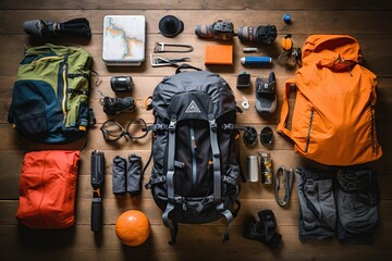 Outdoor travel equipment planning for a mountain trekking camping trip on wooden background. Top view ,Generated with AI - obrazy, fototapety, plakaty