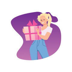 Smiling young woman holding big pink gift box flat style, vector illustration