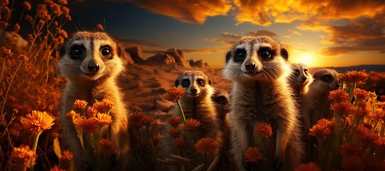 Sociable Meerkats: Meerkats standing upright, keenly observing their surroundings with curiosity and vigilance.Generated with AI - obrazy, fototapety, plakaty