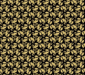 Golden ornament. Seamless abstract classic background with golden leaves. Pattern with repeating floral elements. Ornament for wallpaper and packaging