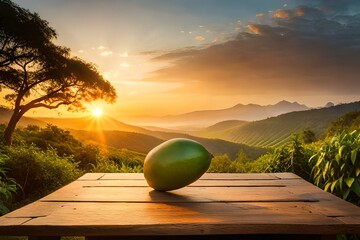 a mango on a table and a sunset