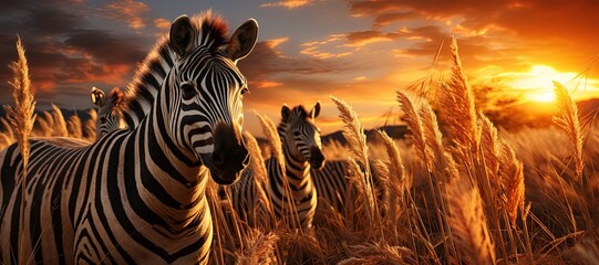 Striped Elegance: Zebras in a mesmerizing black and white symphony, blending seamlessly with the grassland. Generated with AI - obrazy, fototapety, plakaty