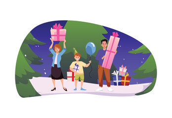 Happy family celebrate Merry Christmas, New Year, excited with present gift box near christmas tree vector illustration