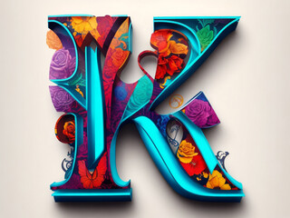 letter k on plasterboard with flowers. Luxury capital letter k decorated with flowers. Decorative capital letter k with floral ornament. 3D rendering isolated on white background - obrazy, fototapety, plakaty