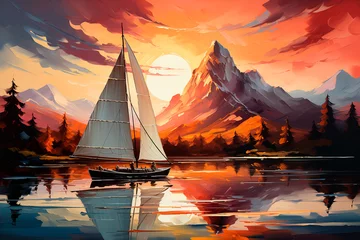 Foto op Canvas autumn scene with a boat, a boat on the shore of a lake. high quality illustration © ARAMYAN