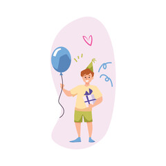 Happy boy holding gift box and balloon, flat vector illustration isolated on white background.
