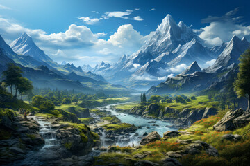 Naklejka na ściany i meble Peaceful and Serene Mountain Scene with a Sky