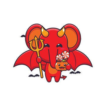 Devil elephant in halloween day. Cute halloween cartoon illustration. 