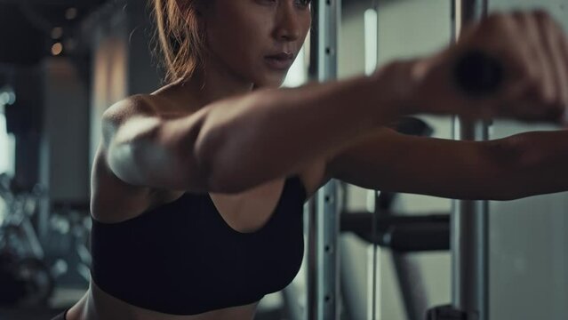 Sporty woman exercising on multistation at gym for arm and shoulders muscles. Fitness exercising in gym.