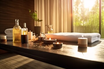 Spa composition with candles, sea, oils, salt and towels on wooden table