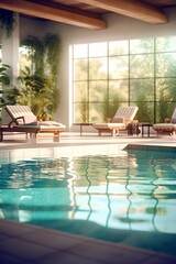 Swimming pool with sun loungers and deck chairs in luxury hotel