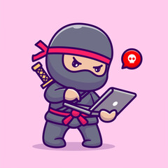 Cute Ninja Working On Laptop Cartoon Vector Icon Illustration  People Technology Icon Concept Isolated Premium Vector. Flat Cartoon Style © catalyststuff