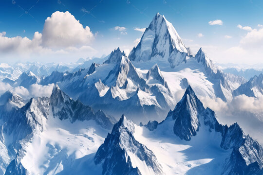 Fantastic mountains landscape with snow-capped peaks. 3d rendering