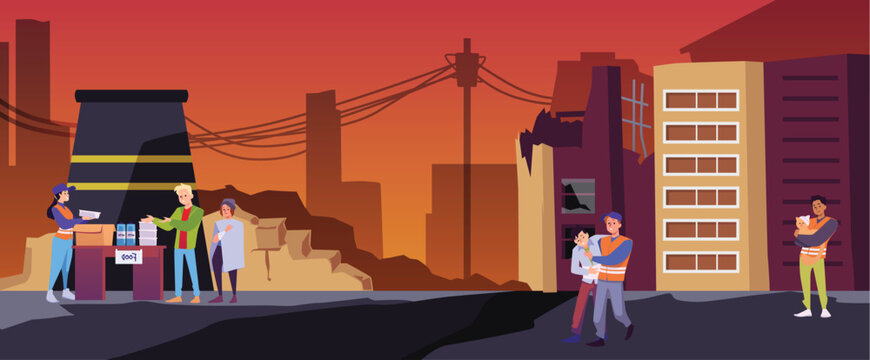 Volunteers help sufferer people after catastrophe, natural disaster, war or earthquake, vector destroyed infrastructure