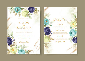 set of wedding invitation card template with purple blue flowers and leaves decoration