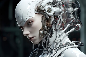 White cyborg robotic and female scientist ,full-body, Dynamic moving,3D rendering,Cybernetic Intelligence background,Generated with AI