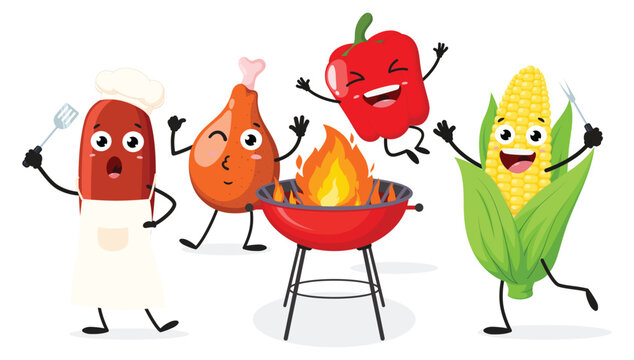 Cute Bbq cartoon character, barbecue food and cooking tools, Grill, grid, steak, glove, sausages and meat