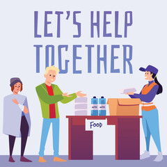 Volunteer activist giving food and water to the needy, humanitarian help and support for sufferer people vector poster