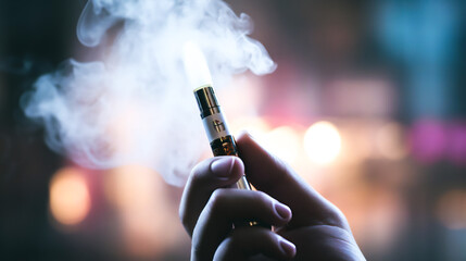 a person's hand holding an e-cigarette, with a faint silhouette of a traditional cigarette fading away in the background, creatively illustrating the transition from smoking to e-cigarette usage