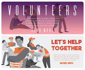 Volunteers holds in hands sick cat, helps an injured man after accident, catastrophe, Lets help together vector set