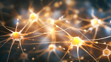 The image showcases a close-up of a vibrant, intricately interconnected network of neural pathways in the mammalian brain. Illuminated in a soft, golden light, intricate network  - obrazy, fototapety, plakaty