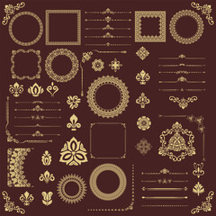 Vintage set of vector golden horizontal, square and round elements. Elements for backgrounds and frames. Classic patterns. Set of vintage patterns
