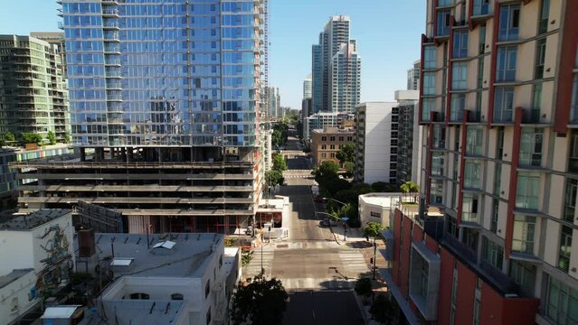Downtown San Diego flying  down 9th street south  towards Petco Park stadium.