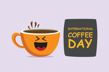 International coffee day concept. Template design with hand drawing style. Colored flat vector illustration isolated. 