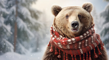 Big cute bear in  scarf on a winter background. Copy space, place for text. - obrazy, fototapety, plakaty