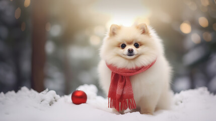 Cute white pomeranian in a red scarf on a winter christmas background