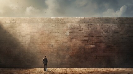 Illustration of a man talking to a wall. The man is standing against the wall. - obrazy, fototapety, plakaty