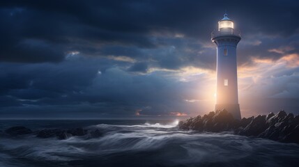 Remote Connection Lighthouse: A digital lighthouse beaming light across a virtual sea, guiding remote teams toward a successful meeting or project completion | generative AI