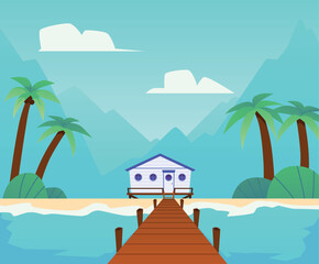 Beach background with bungalow house and palms, flat vector illustration.