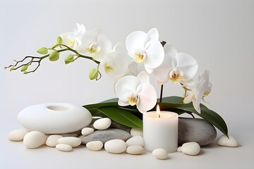 Fototapeta na wymiar Serenity and Elegance: White Orchid, Rocks, and Candle in Home Decor