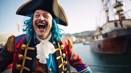 Happy man dressed like a Pirate laughing on Talk Like a Pirate Day