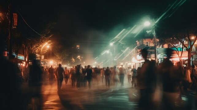 People walking and dancing on the street at night.
