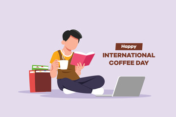 International coffee day concept. Template design with hand drawing style. Colored flat vector illustration isolated. 