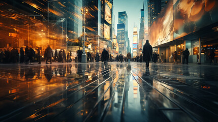 Several business people walk fast motion blur in the corridor of modern city