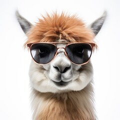 close-up of Alpaca with sunglasses on white background