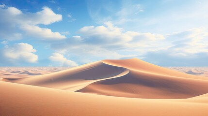 fantastic dunes in the desert at sunny day with clouds herd of camels in far distance