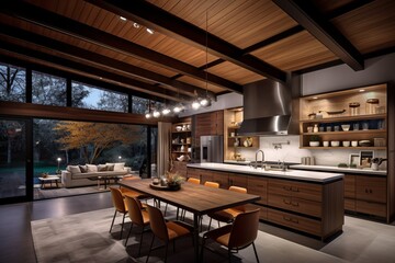 3d rendering of modern kitchen and dining room in luxury house.