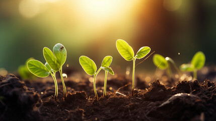 Seedlings are growing on a rich soil with morning lights in the garden background