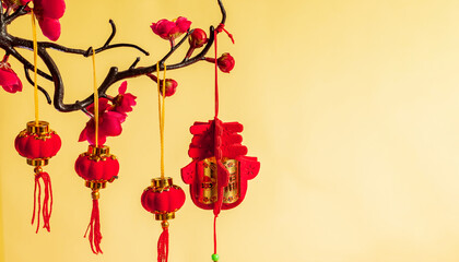 Asian red lanterns in lantern festival on yellow background.