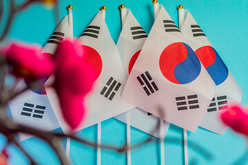 Group of Korean flags on light blue background.