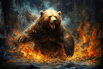 Image of an angry bear with fire, Wildlife Animals., Generative AI, Illustration. - obrazy, fototapety, plakaty
