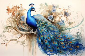 Image of peacock with beautiful patterns and colors., Bird, Wildlife Animals., Generative AI, Illustration.