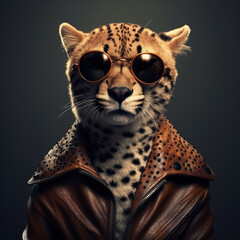 Image of a cheetah wore sunglasses and wore a leather jacket on clean background. Wildlife Animals. Illustration, Generative AI.