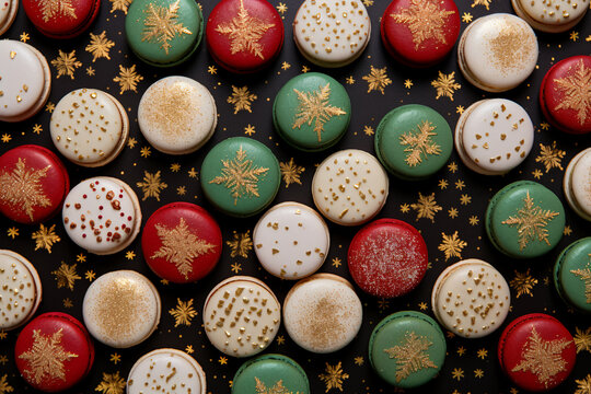 Christmas macarons pattern in traditional holiday colors, red, green and gold, decorated with snowflakes