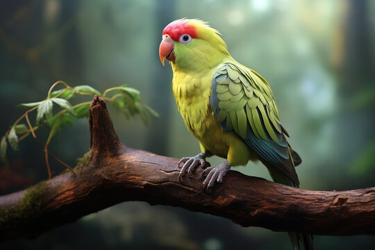 Image of parakeet bird sticking on the branches in the forest, Bird, Wildlife Animals., Generative AI, Illustration.
