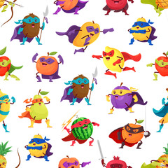 Fruit superhero characters seamless pattern. Vector background with funny courageous apple, lemon, pear, watermelon, kiwi, banana, pineapple and plum personages holding ax, lightning, rapier and bow